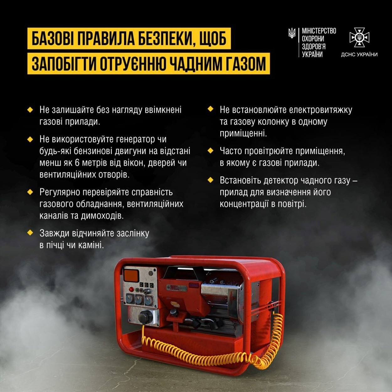 чадний газ, ДСНС, МОЗ