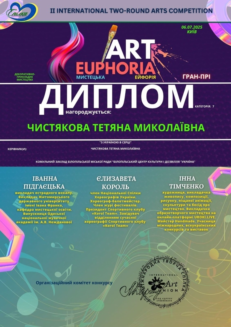 Талановита землячка отримала Диплом I премії за участь у ІІ Міжнародному конкурсі мистецтв