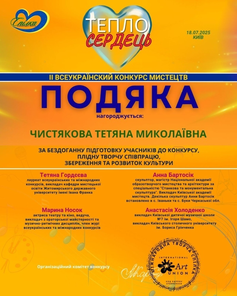 Талановита землячка отримала Диплом I премії за участь у ІІ Міжнародному конкурсі мистецтв