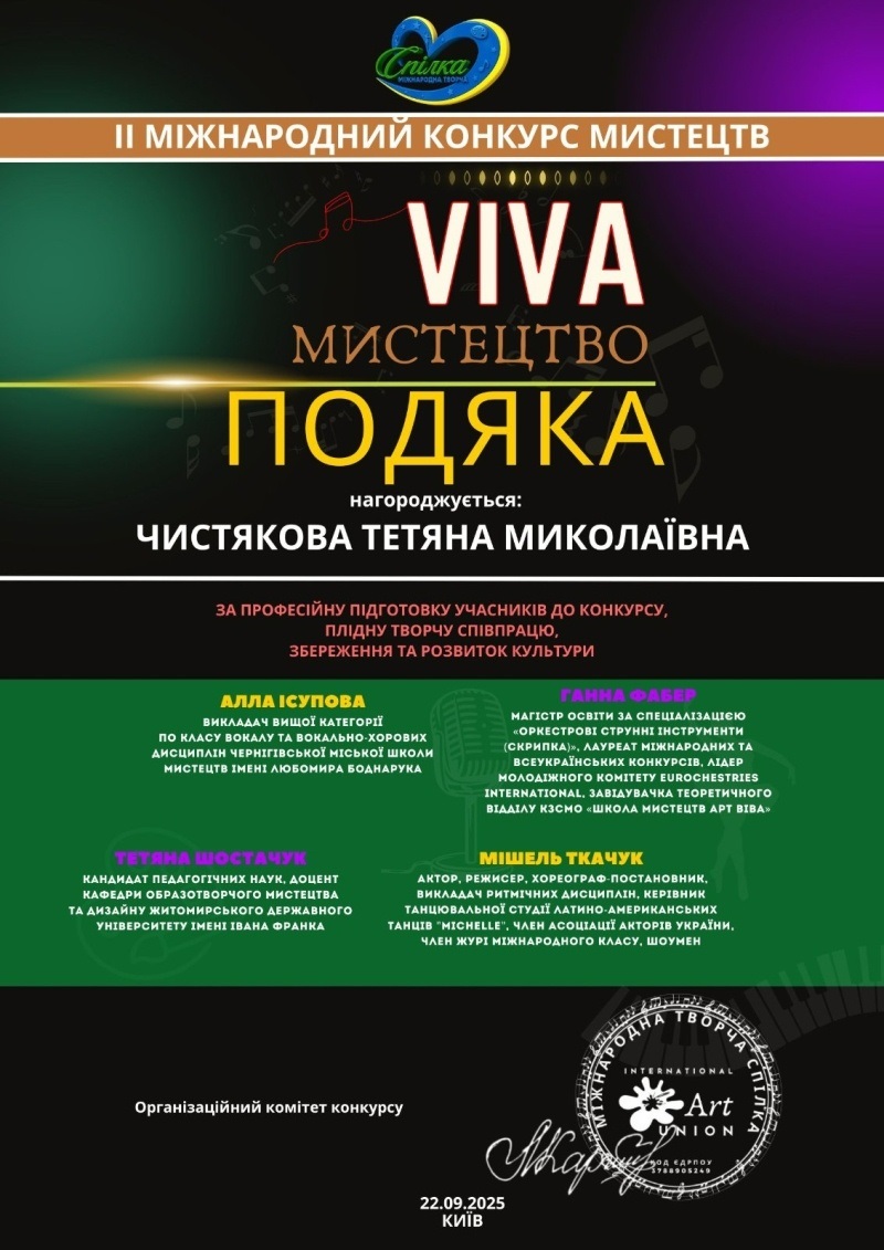 Талановита землячка отримала Диплом I премії за участь у ІІ Міжнародному конкурсі мистецтв