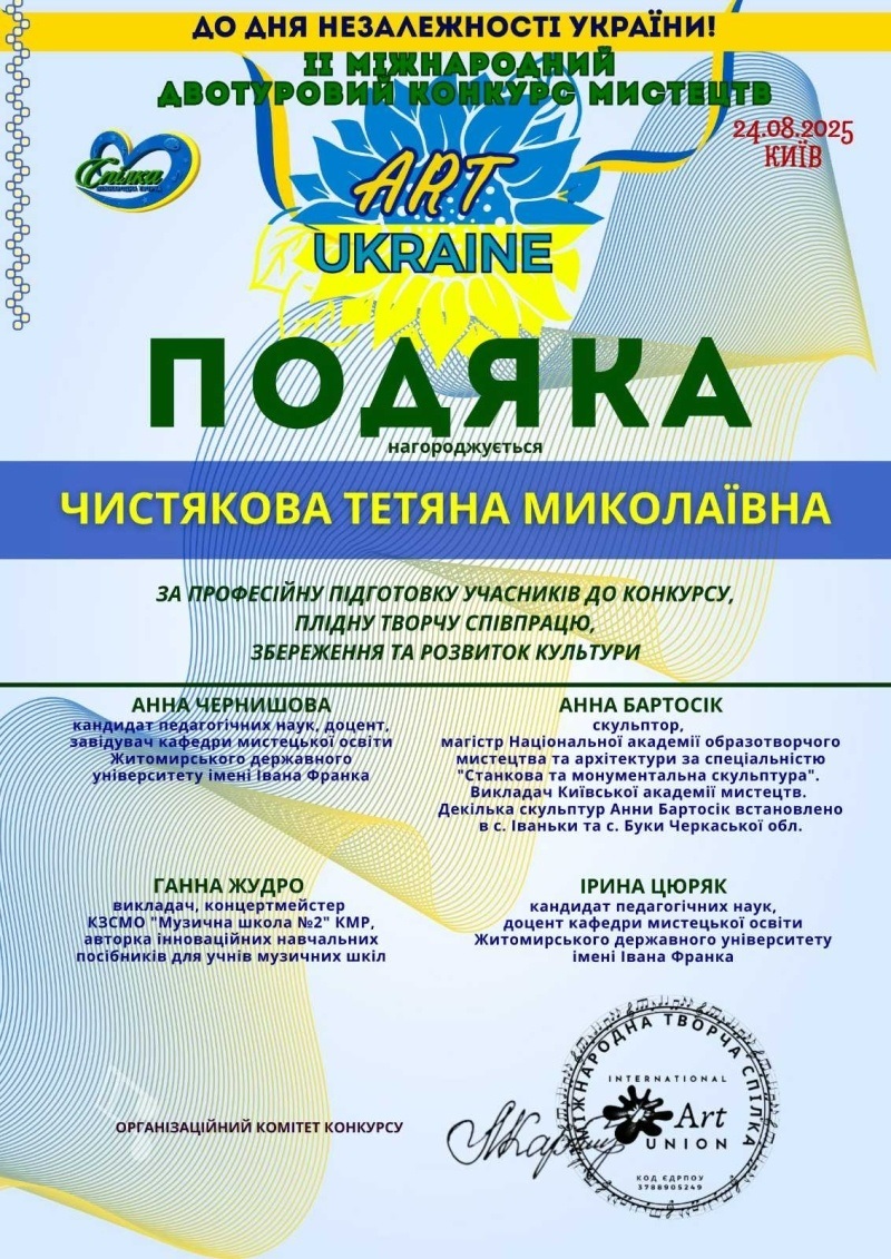 Талановита землячка отримала Диплом I премії за участь у ІІ Міжнародному конкурсі мистецтв